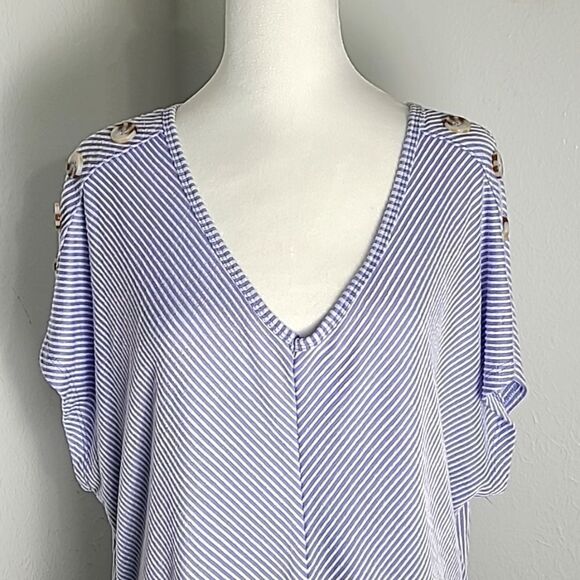 French Laundry Blue & White Pinstripe Top Buttons on Shoulders & Ruching… - Picture 3 of 8